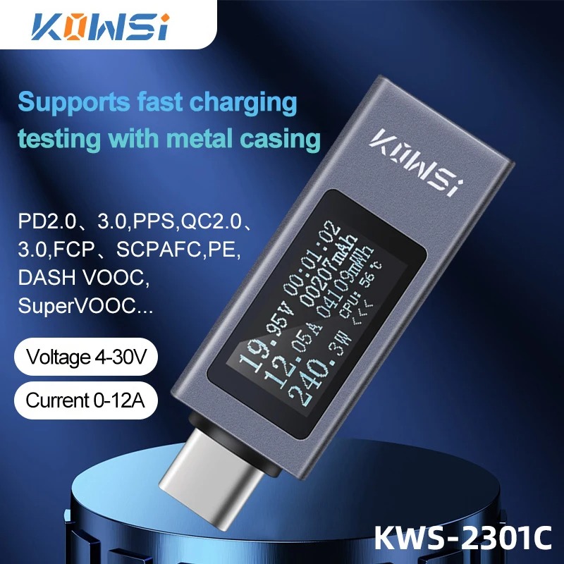 Battery Monitor Coulometer - เครื่องวัดแรงดันไฟฟ้าและกระแสไฟแบบ Type-C รุ่น KWS-2301C วัดกระแสไฟฟ้ากระแสตรง 4-30V