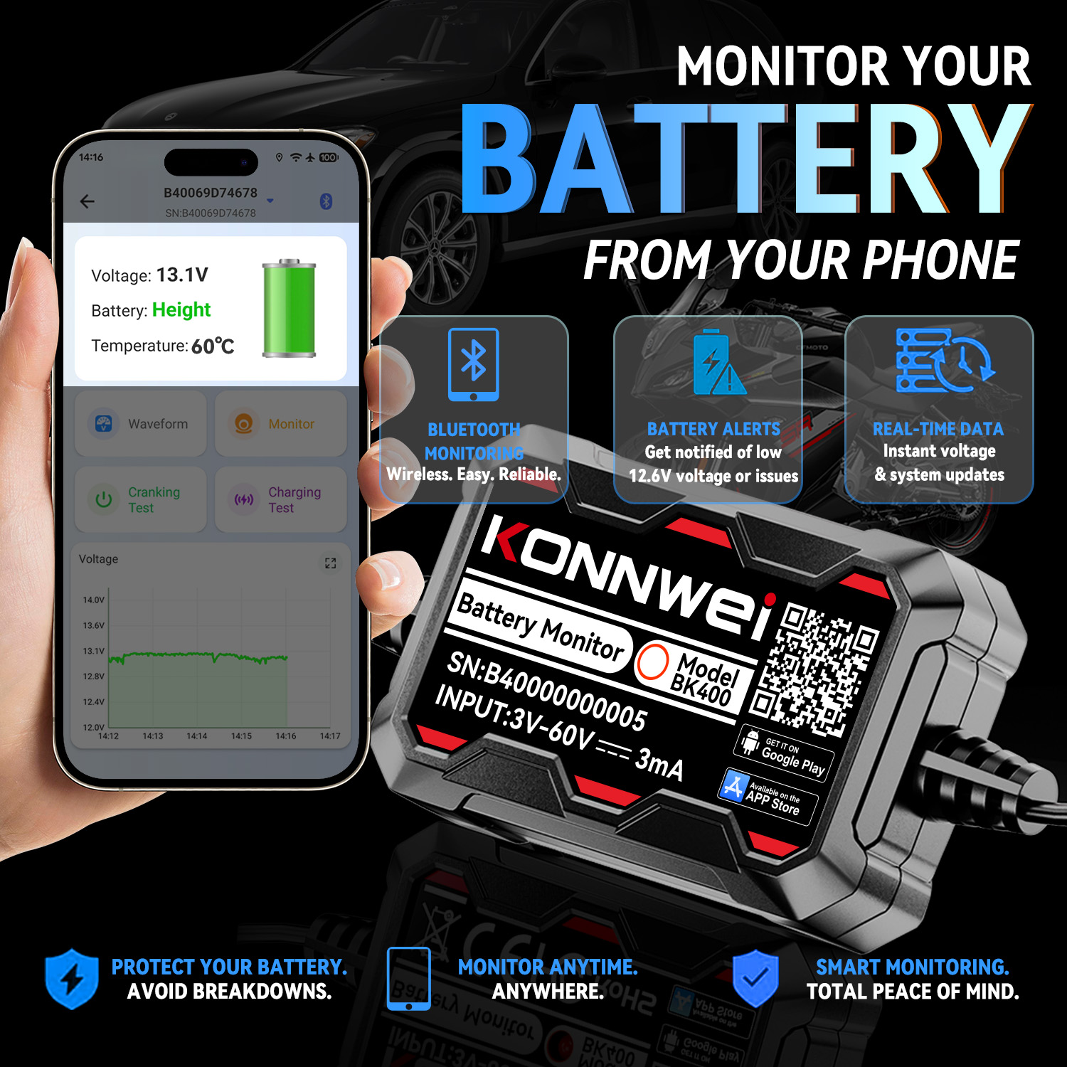Battery Monitor Coulometer - BK400 เครื่องตรวจสอบแบตเตอรี่รถยนต์แบบบลูทูธ 3V-60V เครื่องวัดแรงดันและอุณหภูมิ วิเคราะห์สุขภาพแบตเตอรี่ พร้อมระบบ